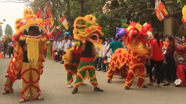 Haiduong, Βιετνάμ, 31 Μαρτίου 2015, ομάδα χορού λιοντάρι άνθρωποι στους δρόμους — Αρχείο Βίντεο