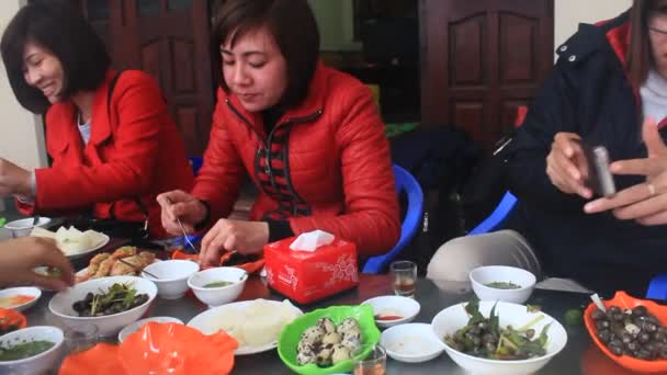 ХАЙ ЦОНГ, ВИТНАМ, ДЕСЕМЬ, 30 декабря: Люди, которые едят на традиционном рынке уличной еды 30 декабря 2014 года в Хайдуонге, Вьетнам — стоковое видео