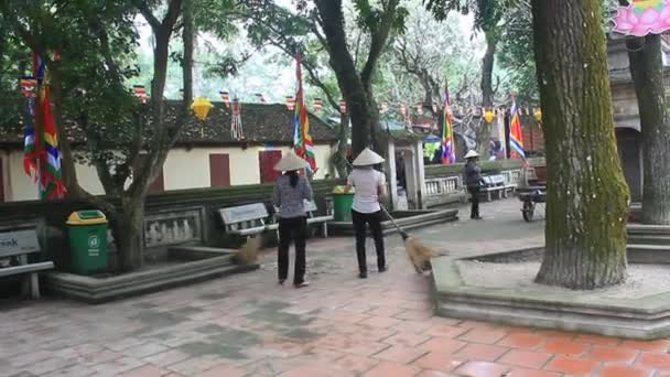 Haiduong, Vietnam, 20 de febrero de 2015: mujer barriendo el patio del templo — Vídeos de Stock