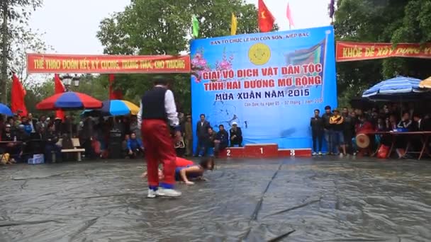HAI DUONG, VIETNAM, 6 de marzo de 2015: los luchadores compiten en la lucha nacional en el festival Con Son — Vídeos de Stock