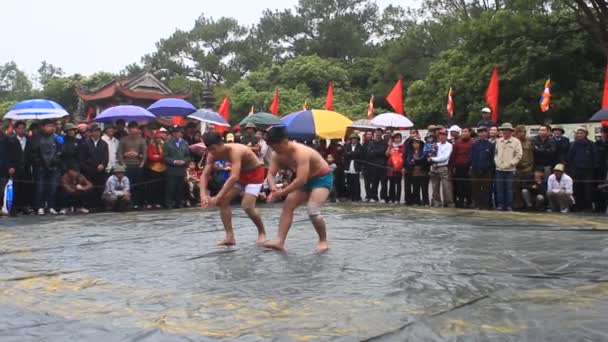 Hai duong, vietnam, 6. März 2015: Ringer messen sich im nationalen Ringen beim con son festival — Stockvideo