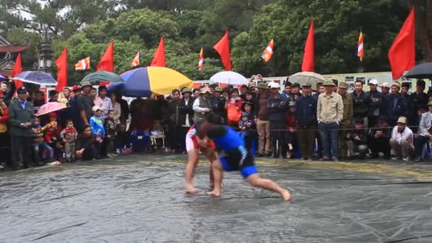 Hai Duong, Vietnam, 6 maart 2015: worstelaars concurreren in nationale worstelen in Con zoon festival — Stockvideo