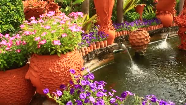 Hermoso jardín de flores con fuentes de cerámica — Vídeo de stock