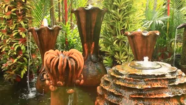 Bellissimo giardino fiorito con fontane in ceramica — Video Stock