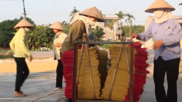 Femeile vietnameze colectează bețele de tămâie după uscare pe 27 mai 2013 în Hai Duong, Vietnam . — Videoclip de stoc