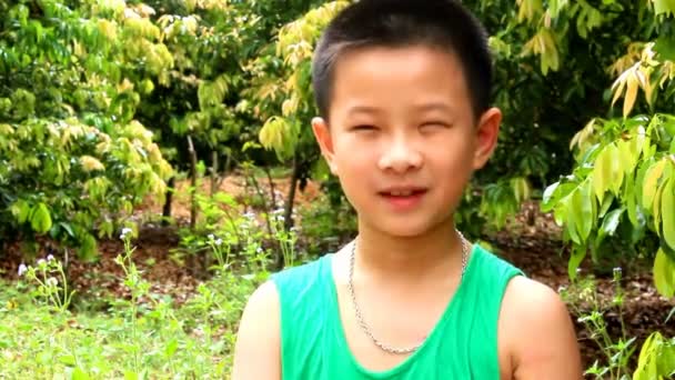 HAI DUONG, VIETNAM, June 29: The boy eating litchi on June 29, 2013 in Hai Duong, Vietnam — Stock Video