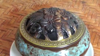 Tütsü yakan, tütsülenmiş, kalın duman çıkaran bir ocak.