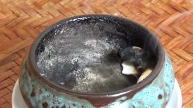 Tütsü yakan, tütsülenmiş, kalın duman çıkaran bir ocak.