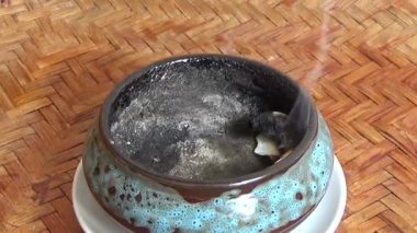 Tütsü yakan, tütsülenmiş, kalın duman çıkaran bir ocak.