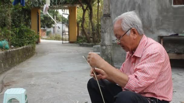 El viejo cortando bambú — Vídeo de stock