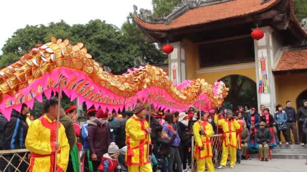 Μια ομάδα ασιατικές άνθρωποι χορεύουν δράκος σε φεστιβάλ λαϊκής — Αρχείο Βίντεο