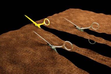 Üç makas bir kumaşı altın bir makasla keser ve onları bir ırk gibi üstlerinden geçirir. Kalabalıktan uzak durmak ya da kendi yoluna gitmek ya da farklı bir konsept olmak. 3d Hazırlama