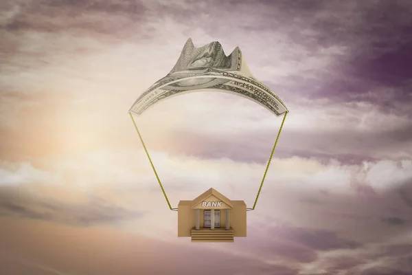 Damaged air balloon in a shape of dollar falling carried a bank building at sunset magenta day. Markets fall or business loss or investment lost or financial failure or crisis concept. 3D illustration