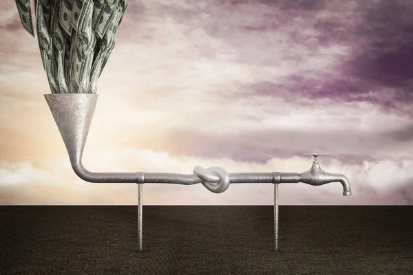Money goes inside a clogged pipe demonstrating a market financial decline business. 3D illustration