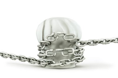 Beyaz arka planda demir zincir çeken aşçı şapkası kırılmış. Özgürlük veya Yemek pişirme fikri veya yemek hazırlama veya iş üretmek için yaratıcılık veya başarı kavramı. 3B illüstrasyon