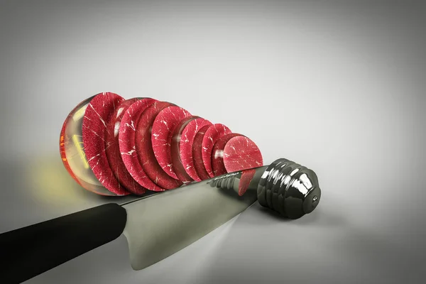 Close Raw Beef Steak Shape Bulb Cutting Chef Kitchen Knife — Stock Photo, Image