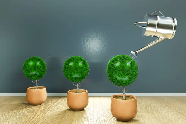 Small plants in a shape happy, sad and neutral emoticons with the happy face is watering, on wooden floor. Concept customer satisfaction rating or Business consept. 3d Render