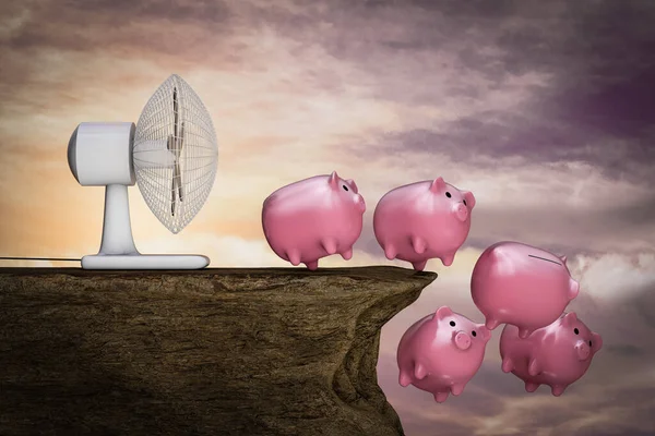 A fan blows Pink ceramic pigs bank on cliff at sunset magenta day. Saving money is falling concept. 3D illustration
