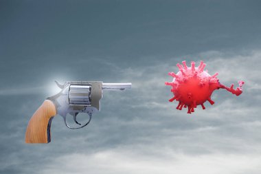 Revolver Gun ateş ediyor ve Coronavirus gribini öldürüyor ve mavi gökyüzünü bulutlarla kavrıyor. 