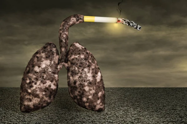 Disease lungs smoking a cigarette on asphalt in a sunset day. No smoking day world,31 May or quitting smoking or smoking cessation concept. 3D illustration