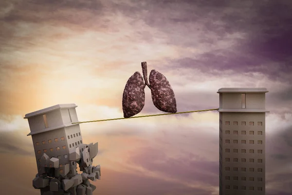 Disease Lung Rope One Skyscraper Ready Collapse Smoking Crash Concept — Stock Photo, Image