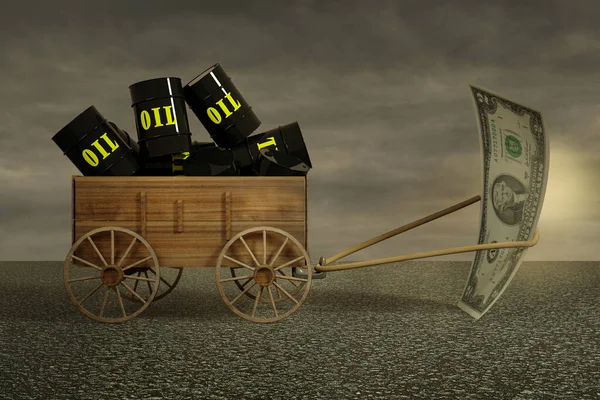 Two dollar bill dragging a farm cart of black Metal Oil Barrels on asphalt in a sunset day. Earned from sales after investment or oil price or oil Industry or crisis or power of money. 3D illustration