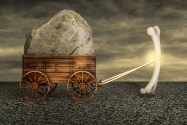 Human thigh bone dragging a farm cart of big heavy stone on asphalt in a sunset day. Strong bones and healthy human bone or Osteoporosis world day or retirement age and health. 3D illustration clipart