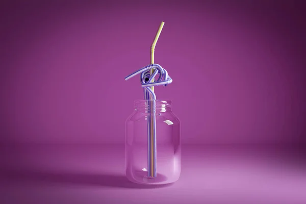 Chaos and disorder in the shape of straws in glass jar turns into a yellow straight straw in purple background. Psychotherapy and psychology help or ways of problem solving concept. 3D illustration
