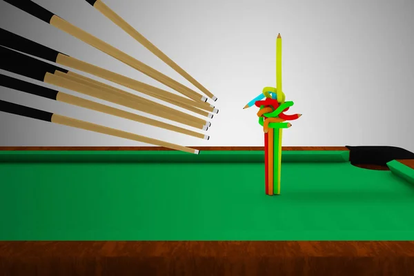 Many cue sticks aiming to hitting a colored pencils turns into a straight yellow pencil on a pool table. Psychotherapy and psychology help or Cooperation or teamwork . 3D illustration