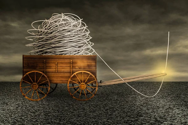 Rope edge dragging a farm cart of a very tangled mess rope on asphalt in a sunset day. Psychotherapy and psychology help or ways of problem solving or treatment of psychological addiction. 3D render