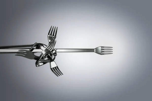 Chaos and disorder in the shape of metal forks turns into a straight metal fork in white-gray background. Psychotherapy and psychology help or ways of problem solving concept. 3D illustration