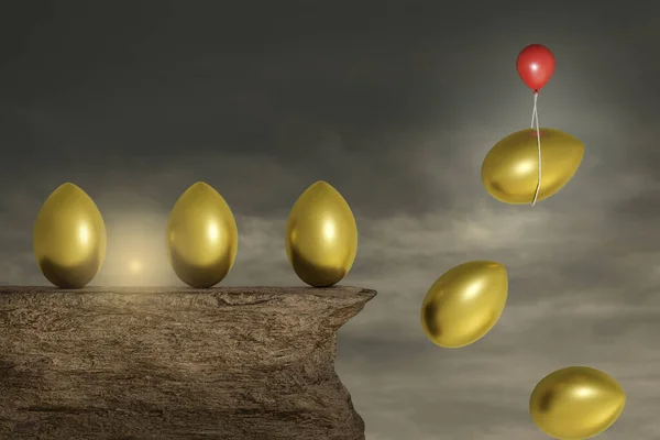 Zlatá Vejce Útesu Červeným Balónem Pomáhají Uniknout Jedinému Zlatému Vejci — Stock fotografie
