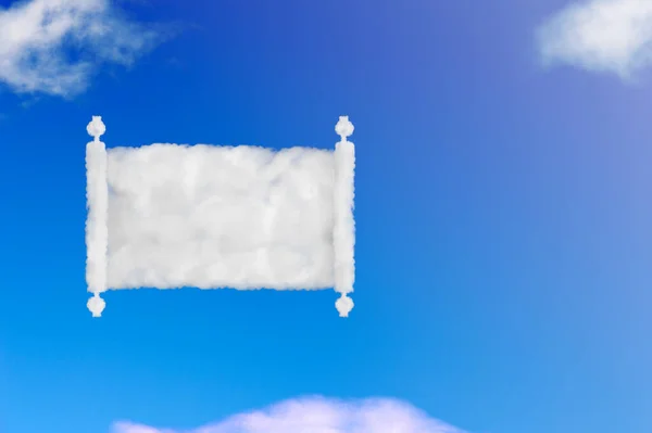 opened scroll of papyrus shape of cloud on blue sky.