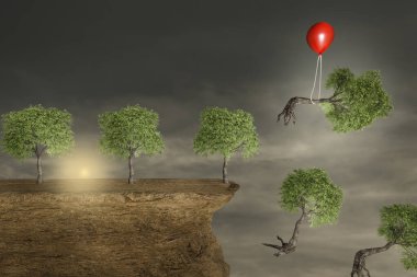 Taştan bir kayalıktaki ağaçlar ve kırmızı bir balon gün batımında bir ağacın düşmesini önler. Büyüme ya da sürdürülebilir kalkınma ya da çevresel koruma ve ekoloji kavramı. 3B Hazırlama