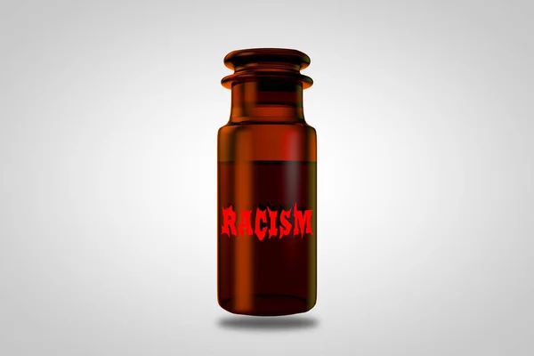 带有玻璃帽和毒药标签的棕色医用玻璃器皿表明种族主义危险和歧视风险概念 3D插图 — 图库照片