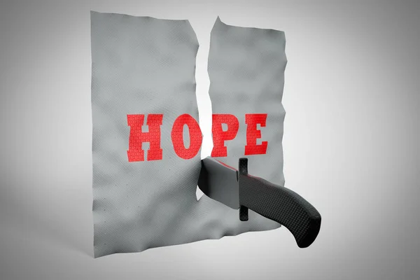 Нож Режет Бумагу Надеждой Написанной Демонстрации Концепции Утраченной Надежды Иллюстрация — стоковое фото