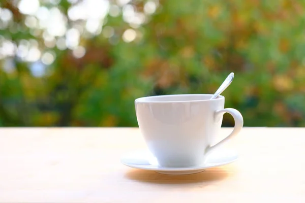 Close Female Hand Placing Hot Ceramic White Coffee Cup Smoke — Stock Photo, Image