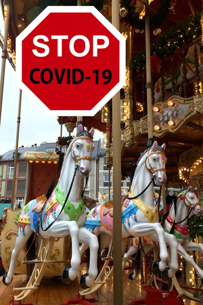 Festive Merry Carousel Horses Lights Frankfurt Christmas Market Holiday Cancellation — Stock Photo, Image