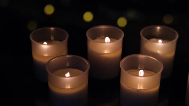 Many Candles Mysteriously Burn Front Window Complete Darkness Blurred Reflections — Stock Video