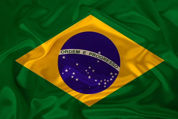 Фото Національного Прапора Бразилії Розкішній Текстурі Атласу Шовку Хвилями Складками — стокове фото