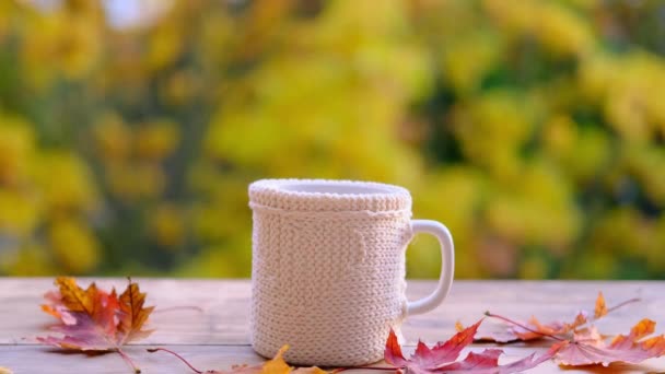 Bebida Café Una Taza Hojas Follaje Velas Mesa Madera Jardín — Vídeos de Stock