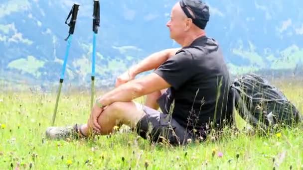 男性観光客は山の中で停止し スイスのアルプスの景色を楽しみ 野生の手付かずの自然 生態学 遠くの国への旅行 アクティブなレクリエーションの概念に座っている — ストック動画