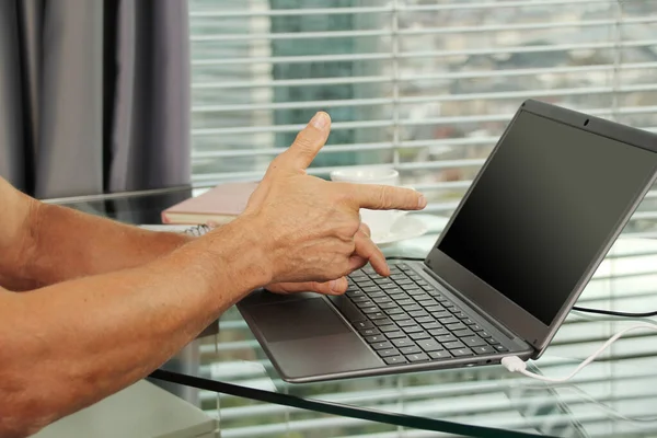 Man Works Laptop Blank Screen Office Front Window Modern European — Stock Photo, Image