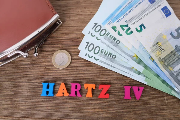 Χρήματα Τραπεζογραμμάτια Ευρώ Μαύρο Πορτοφόλι Λέξη Στα Γερμανικά Hartz Κατασκευασμένα — Φωτογραφία Αρχείου