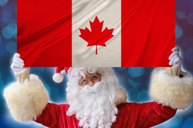 Sakallı Noel Baba, kumaş, turizm, yeni yıl ve mutlu Noeller, ekonomik ve politik beklentiler üzerine Kanada devletinin güzel bir bayrağını taşıyor.