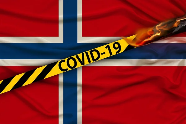 stock image barrier tape with the inscription COVID-19 against the background of the national flag of Norway, the concept of tourism restrictions, quarantine measures, isolation, a ban on entry into the country