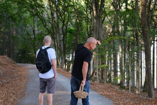 Два Человека Гуляют Лесу Плетеная Корзина Руках Концепция Охраны Природы — стоковое фото