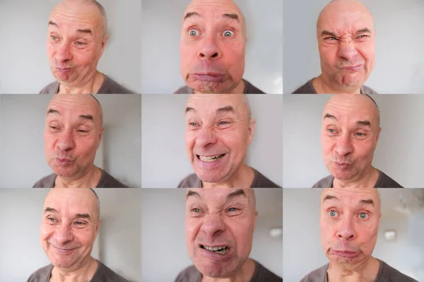 Set Funny Face European Adult Man Close Actor Grimaces Wrinkles — Stock Photo, Image