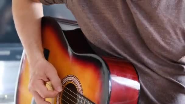 Man Plays Guitar Close Hobby Guitarist Concept Creativity Learning Play — Stockvideo