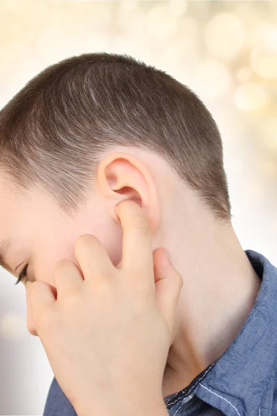 Little Boy Holds Ear Part Face Close Medical Concept Hearing — Stock Photo, Image